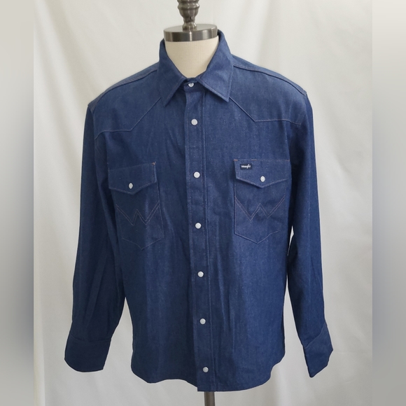 Wrangler | Shirts | Mens Wrangler Pearl Snap Blue Denim Shirt Western ...